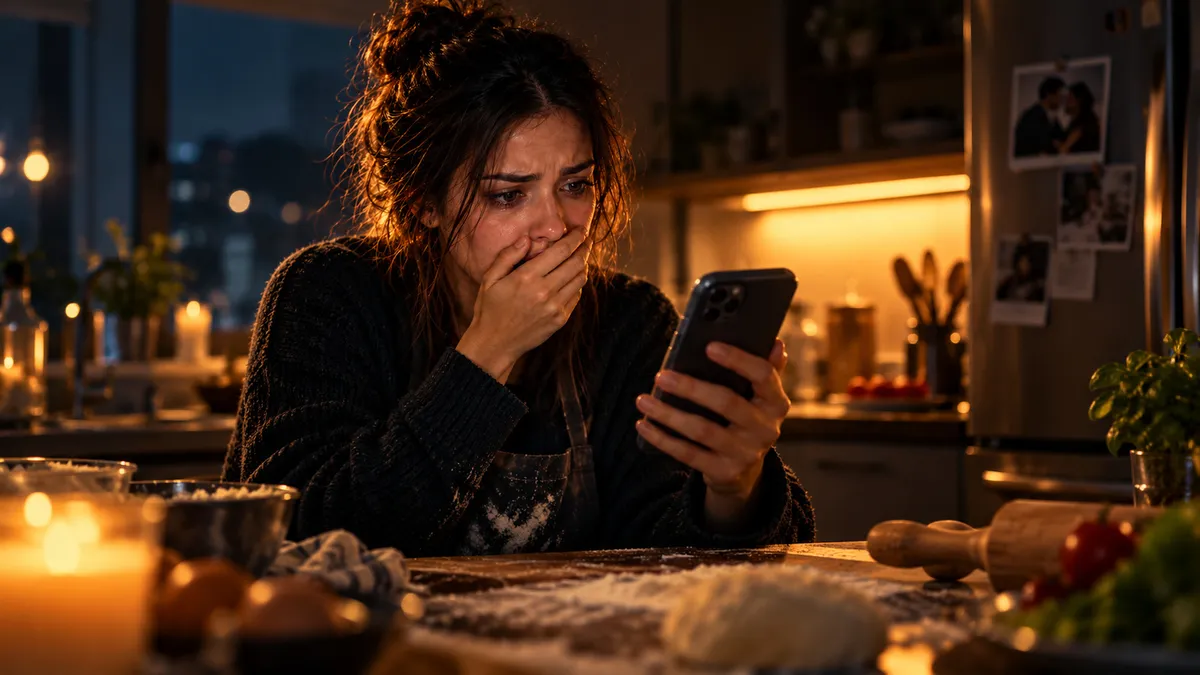 Una mujer escucha un mensaje inesperado en un teléfono mientras prepara la cena en una cocina nocturna.