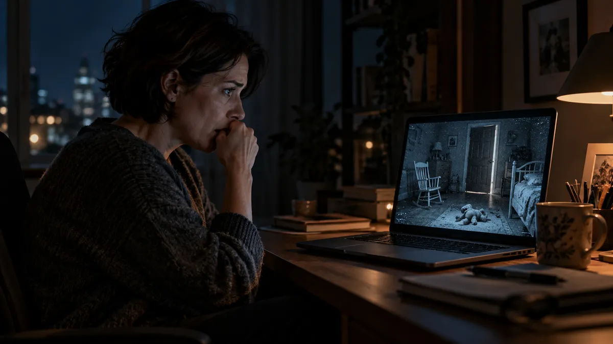 Una mujer observa con inquietud una pantalla que muestra un interior oscuro durante la noche.